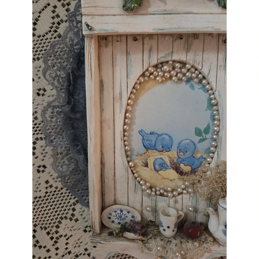 Vintage‎ Wall Art FramedPicture W Baby Blue Birds Lace Faux Pearls Cottage Cute
